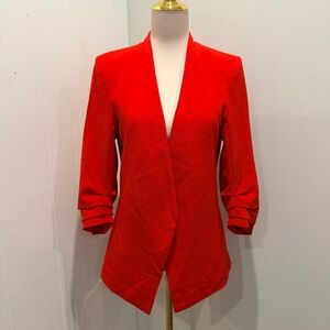 Rachel Zoe Red Ruched Sleeve Open Front Blazer Jacket Chic Workwear | Size S